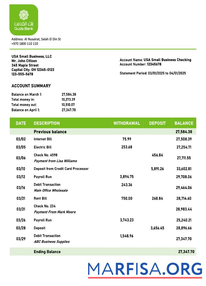 Realistic Palestine Quds organization checking account statement Word and PDF templatedoc